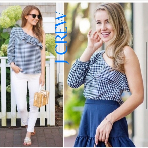 J. Crew Asymmetrical One Shoulder White/Blue Gingham Ruffled Blouse Sz 6 EUC - Picture 1 of 7